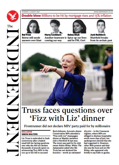 The Independent (UK) Newspaper Front Page for 5 August 2022