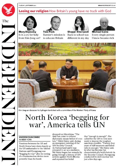 The Independent Newspaper Front Page for 5 September 2017