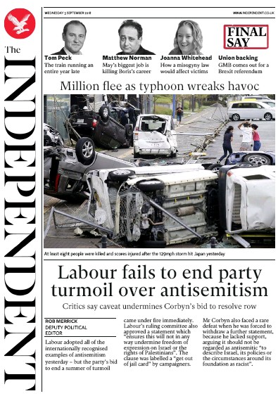 The Independent (UK) Newspaper Front Page for 5 September 2018