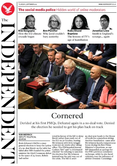 The Independent Newspaper Front Page for 5 September 2019