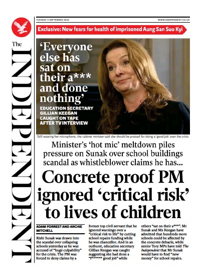 The Independent (UK) Newspaper Front Page for 5 September 2023