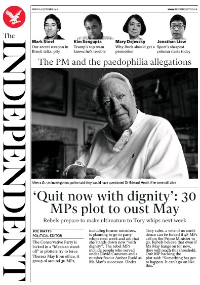 The Independent (UK) Newspaper Front Page for 6 October 2017