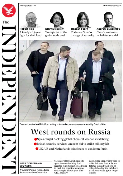 The Independent (UK) Newspaper Front Page for 6 October 2018