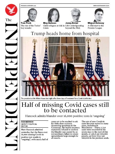 The Independent (UK) Newspaper Front Page for 6 October 2020