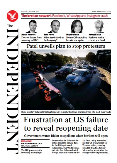 The Independent (UK) Newspaper Front Page for 6 October 2021