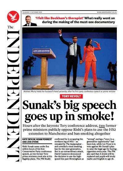 The Independent (UK) Newspaper Front Page for 6 October 2023
