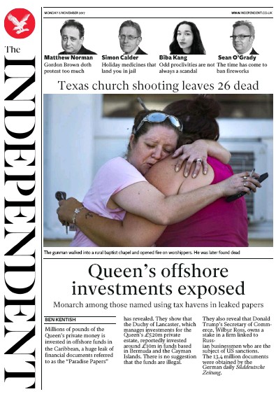 The Independent Newspaper Front Page for 6 November 2017