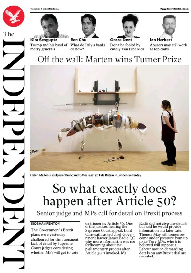 The Independent Newspaper Front Page for 6 December 2016