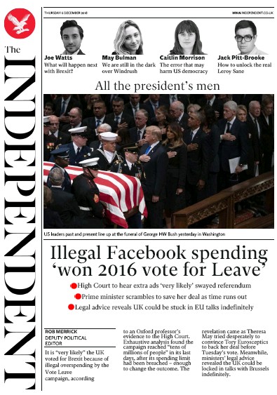 The Independent Newspaper Front Page for 6 December 2018