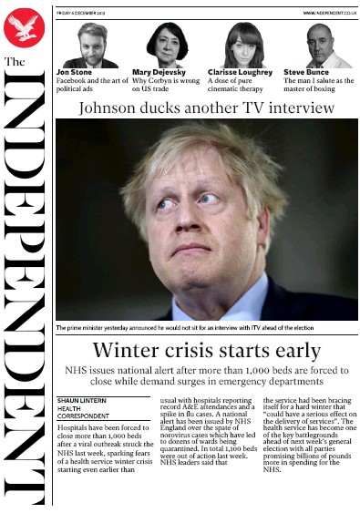The Independent Newspaper Front Page for 6 December 2019