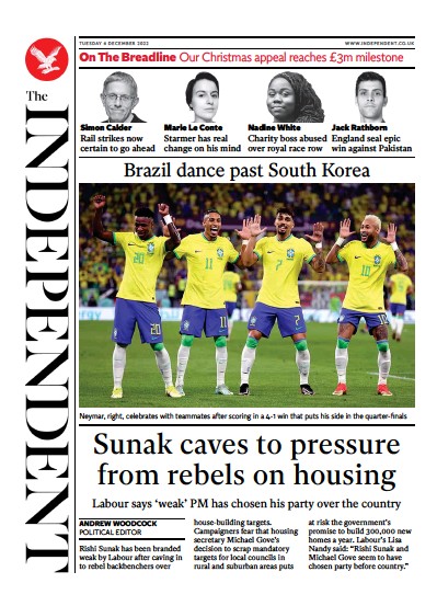 The Independent Newspaper Front Page for 6 December 2022