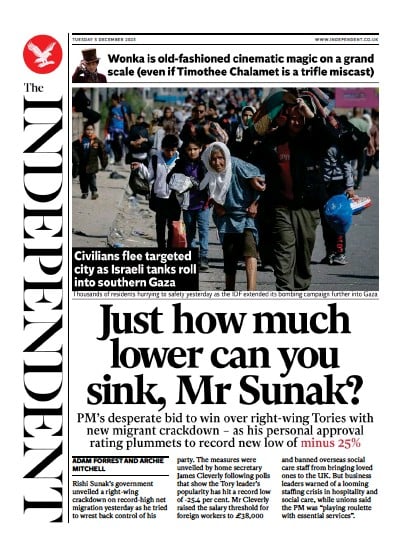 The Independent (UK) Newspaper Front Page for 6 December 2023