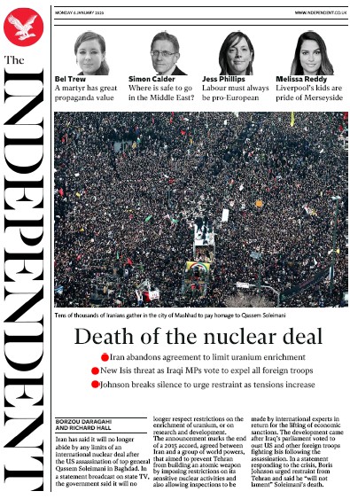 The Independent Newspaper Front Page for 6 January 2020