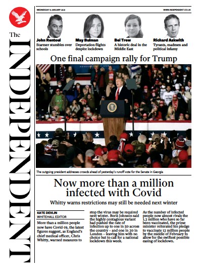 The Independent Newspaper Front Page for 6 January 2021