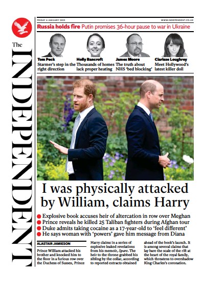 The Independent (UK) Newspaper Front Page for 6 January 2023