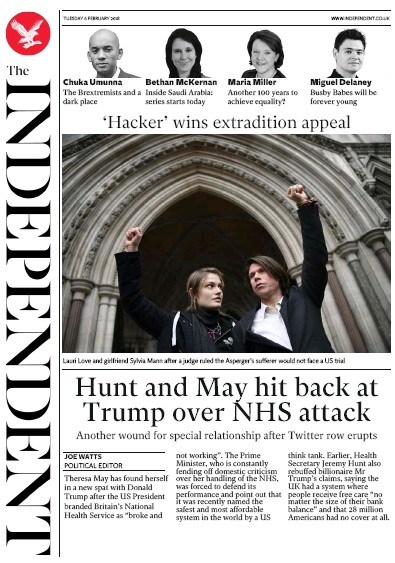 The Independent Newspaper Front Page for 6 February 2018