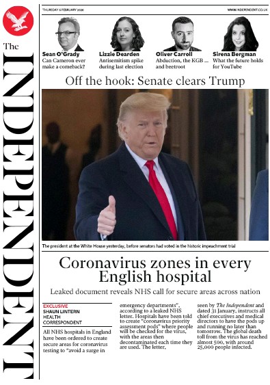 The Independent Newspaper Front Page for 6 February 2020