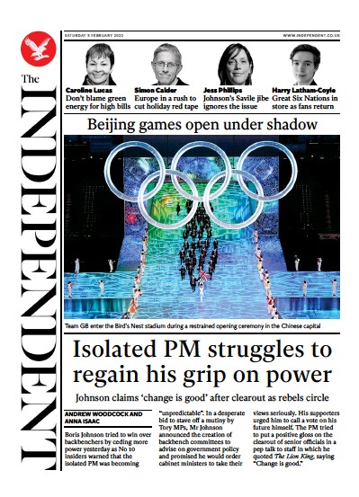 The Independent Newspaper Front Page for 6 February 2022