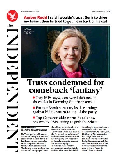 The Independent (UK) Newspaper Front Page for 6 February 2023