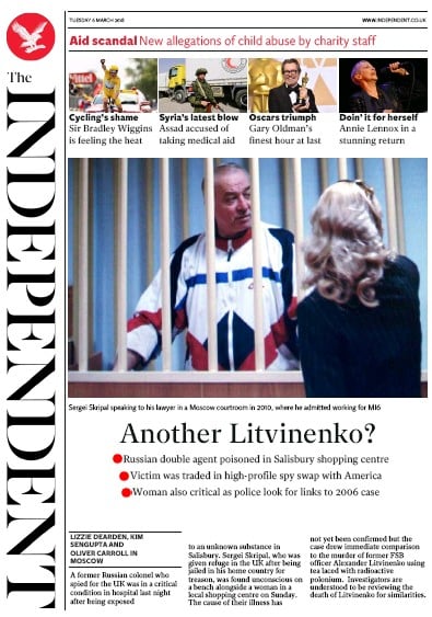 The Independent (UK) Newspaper Front Page for 6 March 2018