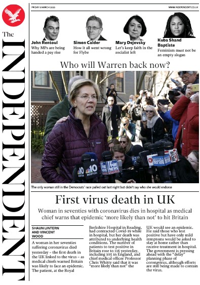 The Independent Newspaper Front Page for 6 March 2020