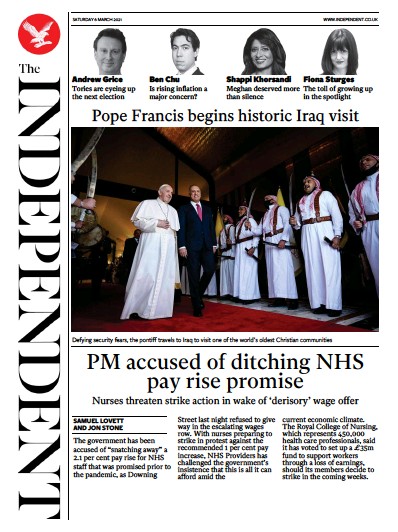 The Independent (UK) Newspaper Front Page for 6 March 2021