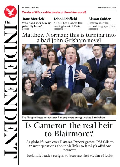 The Independent Newspaper Front Page for 6 April 2016