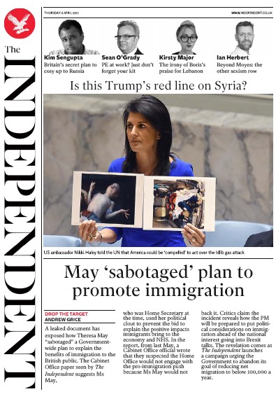 The Independent Newspaper Front Page for 6 April 2017