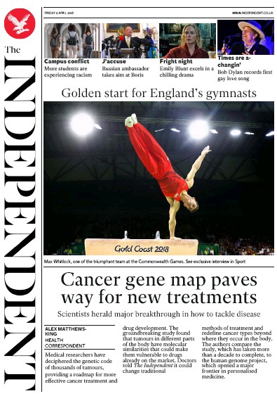 The Independent (UK) Newspaper Front Page for 6 April 2018