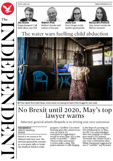 The Independent (UK) Newspaper Front Page for 6 April 2019