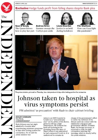 The Independent Newspaper Front Page for 6 April 2020