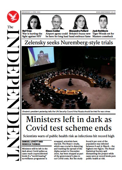 The Independent (UK) Newspaper Front Page for 6 April 2022