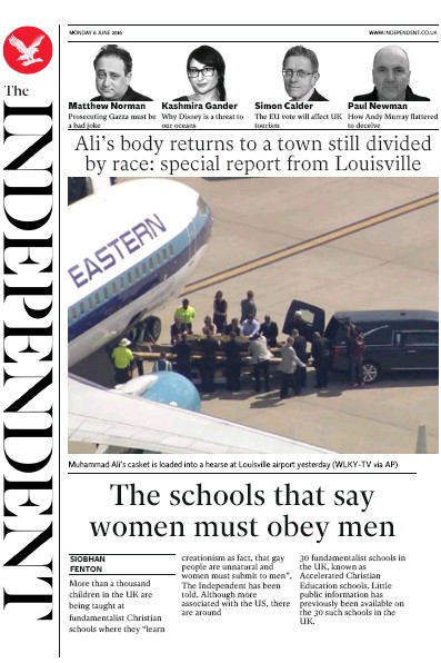The Independent Newspaper Front Page for 6 June 2016