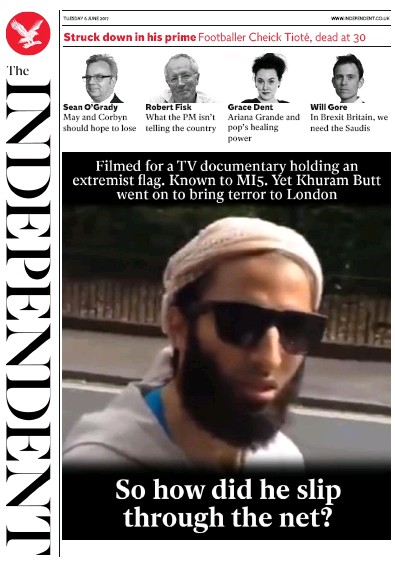 The Independent (UK) Newspaper Front Page for 6 June 2017