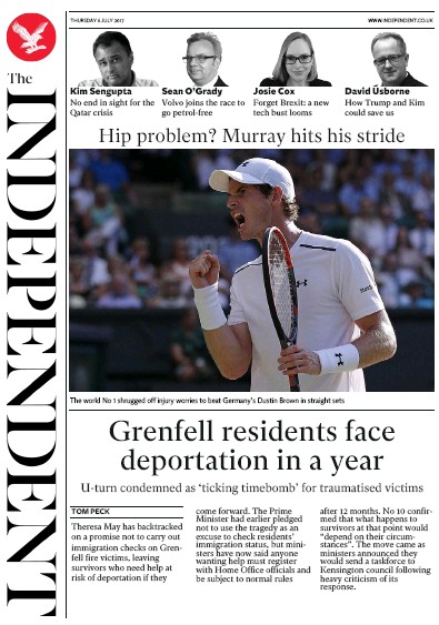 The Independent Newspaper Front Page for 6 July 2017