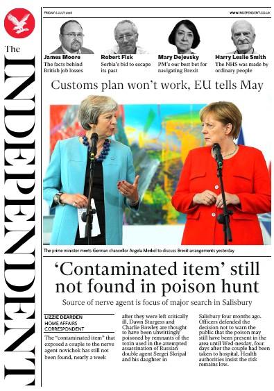 The Independent Newspaper Front Page for 6 July 2018