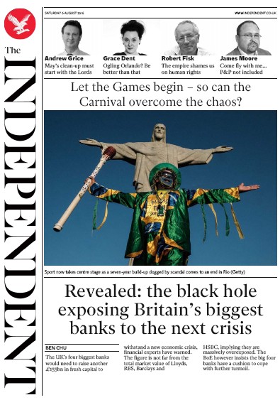 The Independent Newspaper Front Page for 6 August 2016