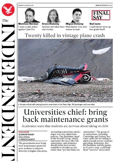 The Independent (UK) Newspaper Front Page for 6 August 2018