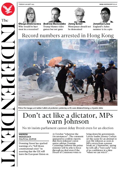 The Independent Newspaper Front Page for 6 August 2019