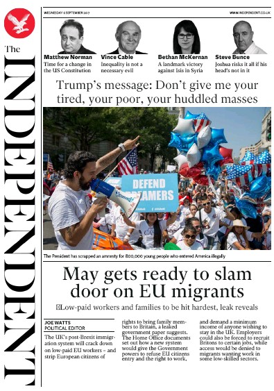The Independent Newspaper Front Page for 6 September 2017