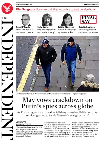 The Independent Newspaper Front Page for 6 September 2018