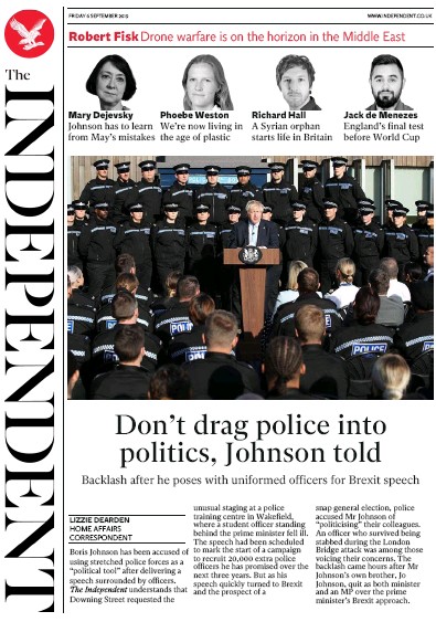 The Independent Newspaper Front Page for 6 September 2019