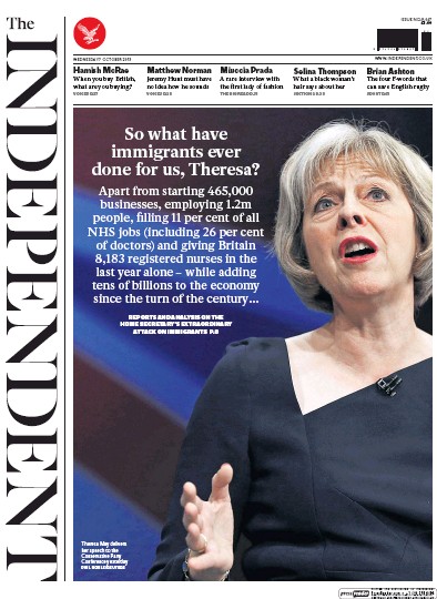 The Independent Newspaper Front Page for 7 October 2015