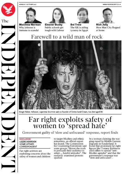 The Independent Newspaper Front Page for 7 October 2019