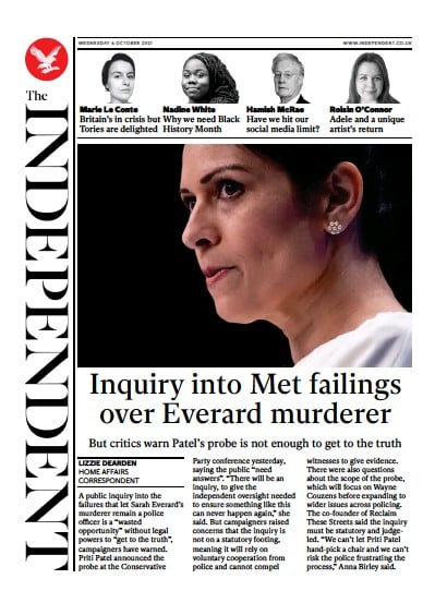 The Independent (UK) Newspaper Front Page for 7 October 2021