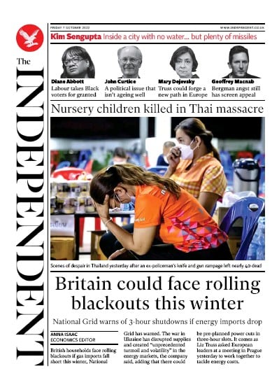The Independent (UK) Newspaper Front Page for 7 October 2022