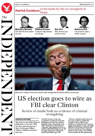 The Independent Newspaper Front Page for 7 November 2016