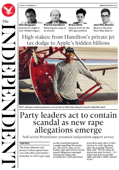 The Independent Newspaper Front Page for 7 November 2017