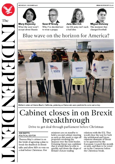 The Independent (UK) Newspaper Front Page for 7 November 2018