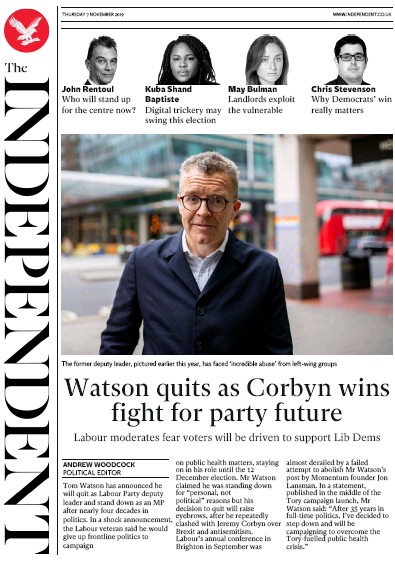 The Independent Newspaper Front Page for 7 November 2019